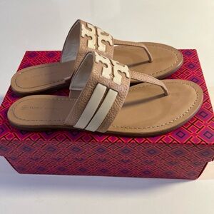 Tory Burch Tan and Cream Leather Slide Sandals